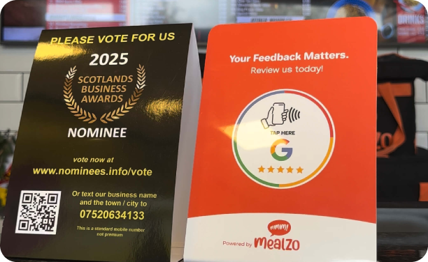 Mealzo google review stand (nfc) and scotland business award inside wok ninja takeaway
