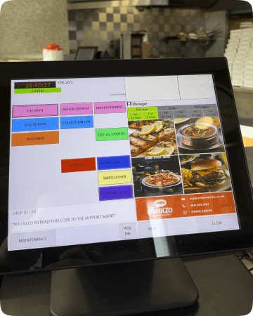 Mealzo EPOS screen on the counter of Giulio's fish and chips takeaway in Falkirk